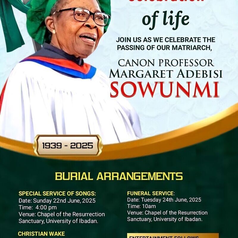 Burial Arrangements for Canon Professor Margaret Adebisi Sowunmi.
