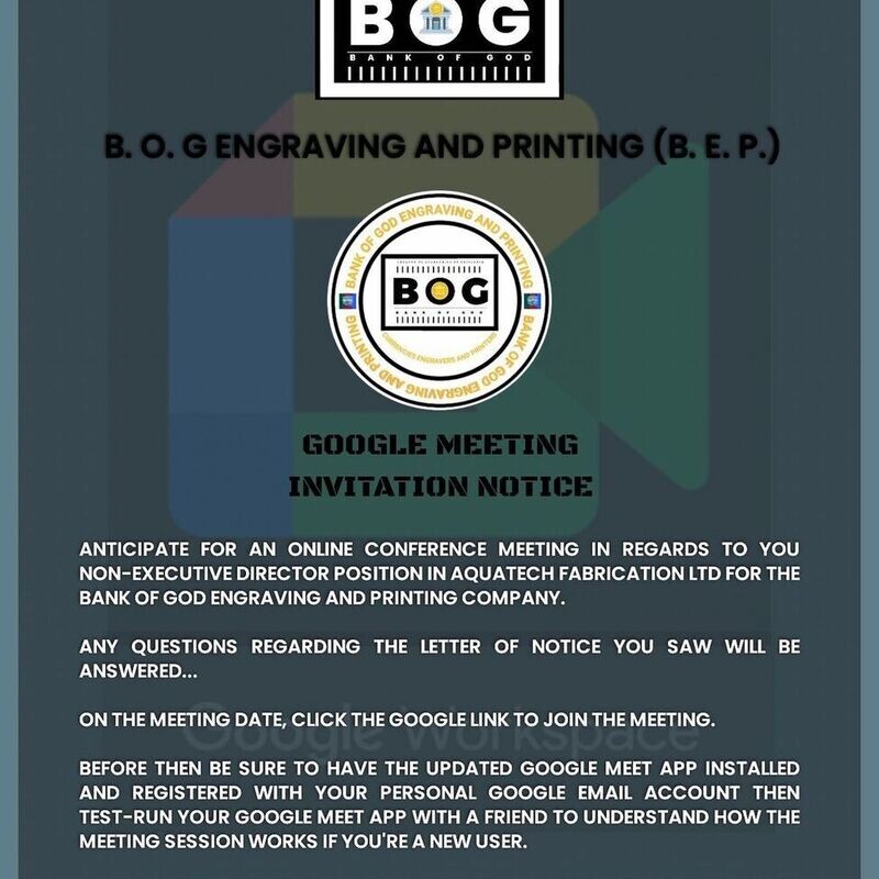 AQUATECH FABRICATION LTD: NON-EXECUTIVE DIRECTORS FOR BANK OF GOD ONLINE MEETING NOTICE