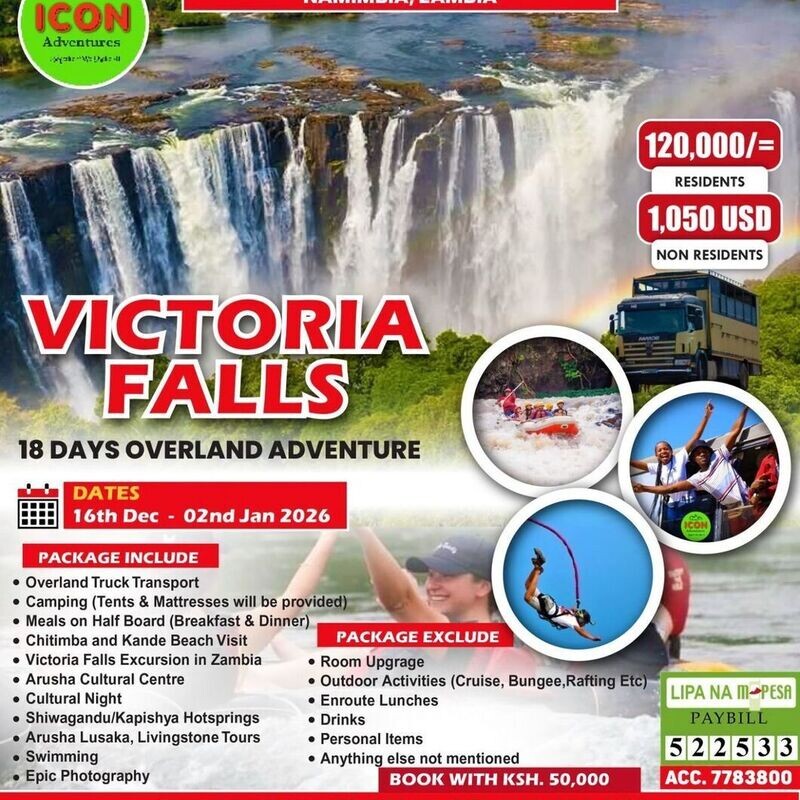 Victoria Falls Mega Holiday Getaway 18Days 17nightsKsh.120,000PP