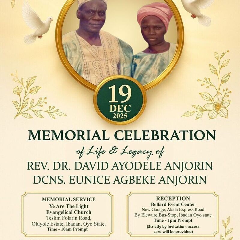Memorial Celebrations of life & legacy of Rev. Dr David Ayodele & Deaconess Eunice Agbeke Anjorin